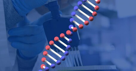 Poster - Animation of dna strand scientific data processing over scientist in laboratory