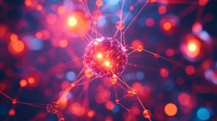 Aufkleber - Neural network of glowing nodes interconnected with vibrant lines forming an abstract AI web futuristic tech concept Large space for text in center Stock photo with copy space