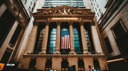 Poster - Stone Facade with American Flag and Sculptures