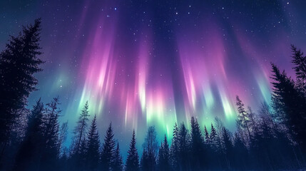 The Aurora borealis dances across the sky casting green and purple rays of light, illuminating a natural landscape covered in trees