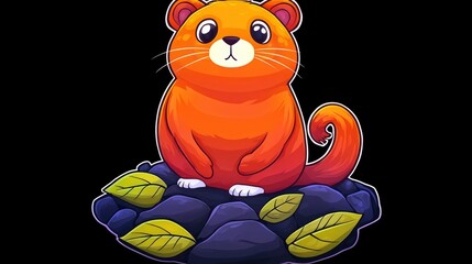 Wall Mural - Cute Cartoon Orange Hamster Sitting on Rocks with Green Leaves