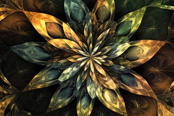 Poster - Stunning modern high resolution abstract fractal background featuring an intricate floral design with crystal like geometric leaves in shades of dark yellow green and brown