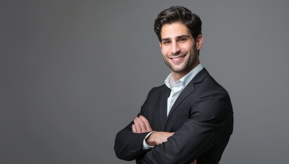 Smiling friendly lawyer and business professional, wearing business suit and looking at the camera against a grey isolated background.