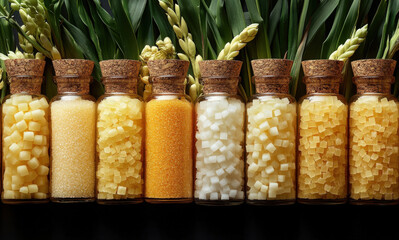 Wall Mural - Various jars filled with raw sugarcane in distinct colors are arranged artistically on display