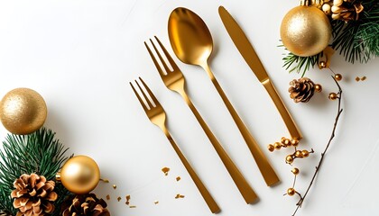 Elegant golden cutlery arrangement on white backdrop for festive dining celebration, ideal for holiday meal inspiration and decorative table designs