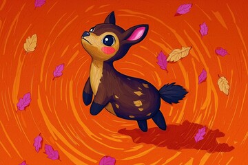 Poster - Cute Deer with Falling Leaves in Autumn