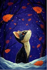 Poster - Curious Cat Gazing Up at Falling Leaves in a Winter Wonderland