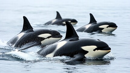 a pod of four orcas, or killer whales, swim together in the ocean. they are black and white with whi