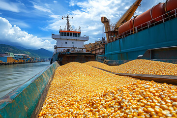 A large ship is filled with yellow corn