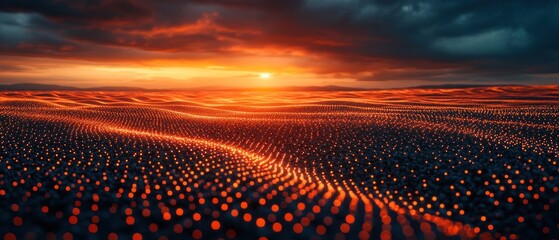 A field of glowing dots at sunset with a dramatic sky