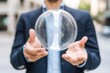© Ai-Pixel - A person in a suit holds a transparent bubble, showcasing a moment of balance and creativity in an urban environment.