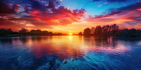 Sticker - Mesmerizing sunset with colorful sky above the river