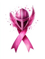 Breast cancer warrior symbol clipart, watercolor illustration, sharp outlines, pink ribbon with warrior helmet, isolated on white background