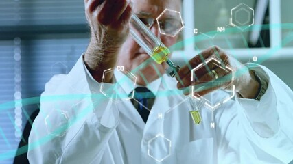 Poster - Animation of dna strand, scientific data processing over caucasian male scientist in laboratory