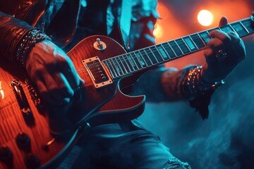 Poster - Guitarist playing electric guitar on stage with scenic lighting