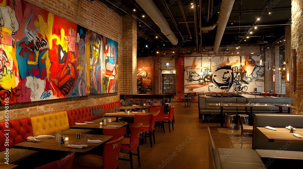 A modern, urban restaurant interior with graffiti art on the walls ...