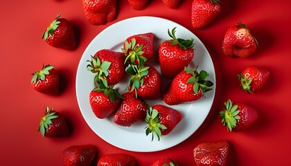 Wall Mural - Vibrant strawberries on a white plate against a bold red background, a fresh and inviting flat lay with ample copy space