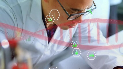 Poster - Animation of dna strand, scientific data processing over asian male scientist in laboratory