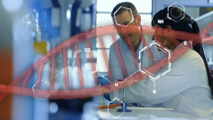 Poster - Animation of dna strand, scientific data processing over diverse scientists in laboratory