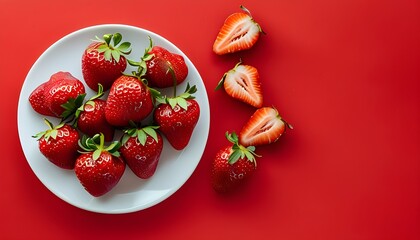 Vibrant strawberries on a white plate against a bold red background, a fresh and inviting flat lay with ample copy space