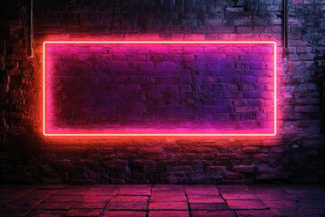 Poster - Bright pink neon frame glowing on empty brick wall background