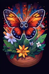 Canvas Print - Colorful Butterfly with Flowers and Leaves