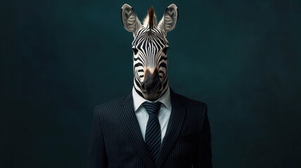 Wall Mural - A zebra in business suit stands confidently against minimalistic background, blending wild with professionalism. This unique image captures striking contrast