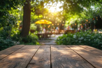 Poster - Empty wooden table showing outdoor restaurant in the background with string lights