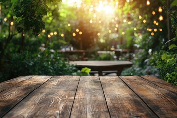 Poster - Empty wooden table showing outdoor restaurant in the background with string lights