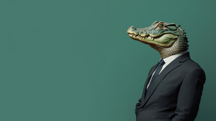 Wall Mural - A crocodile in business suit stands confidently against minimalistic green background, blending worlds of nature and professionalism. This unique image evokes sense of humor and creativity