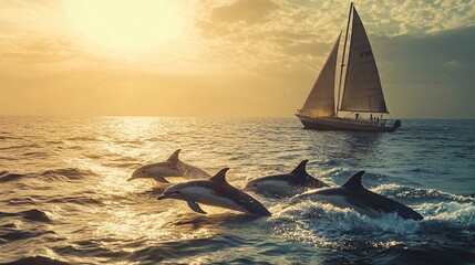 Wall Mural - a group of dolphins leap from the water in front of a sailboat at sunset.