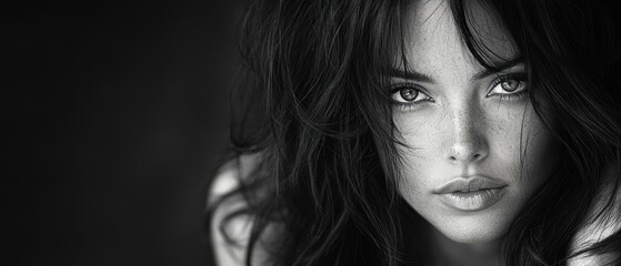 Wall Mural - Close-up Portrait of a Woman with Long Dark Hair and Freckles