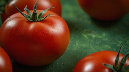 Wall Mural - red ripe tomato on a green background