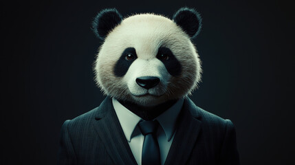 Wall Mural - A panda in business suit exudes calm and professional demeanor against minimal background. This unique portrayal blends nature with corporate elegance, creating an intriguing visual