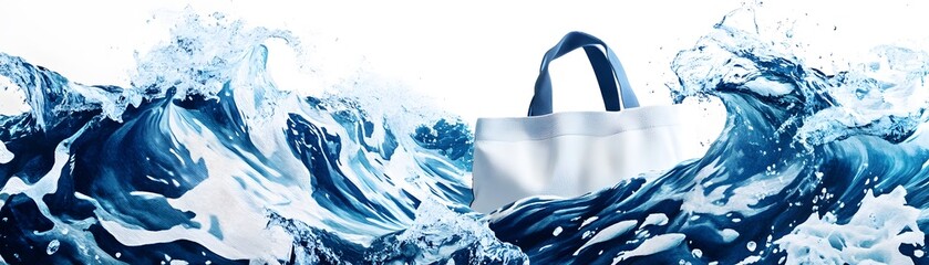 A stylish tote bag adrift in vibrant ocean waves, symbolizing adventure and the beauty of travel.