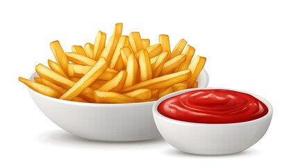 french fries and ketchup on white