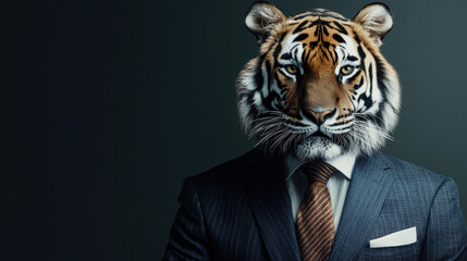 Wall Mural - A tiger dressed in business suit stands confidently against minimal background, showcasing unique blend of elegance and wildness. This striking image captures attention and evokes curiosity