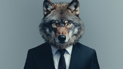 Wall Mural - A wolf in business suit stands confidently against minimal background, blending wild with professionalism. This striking image captures unique juxtaposition of nature and corporate culture