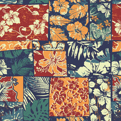 Poster - Tropical leaves and hibiscus flowers patchwork wallpaper abstract grunge vector seamless pattern for fabric shirt pillow tablecloth towel wrapping