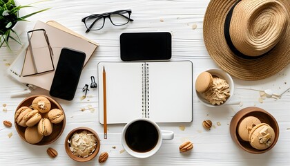 Wall Mural - Chic feminine home office flat lay featuring a stylish white desk, laptop, coffee cup, macaroons, notebook, and accessories in a cozy workspace atmosphere