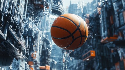 Poster - A Basketball Floating Through A Futuristic Cityscape