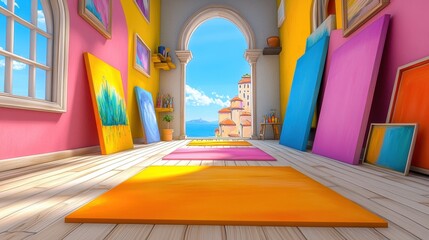 Sticker - A room with colorful paintings and a window in the middle, AI