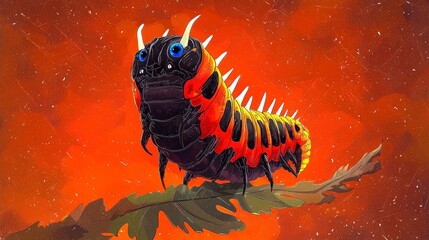 Poster - Abstract Red and Black Caterpillar with Spikes