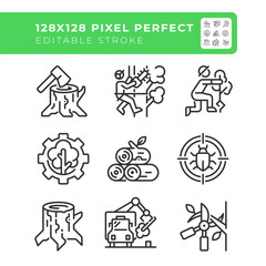 Poster - forestry industry linear icons set. logging. tree cutting and trimming. forest management. arborist.