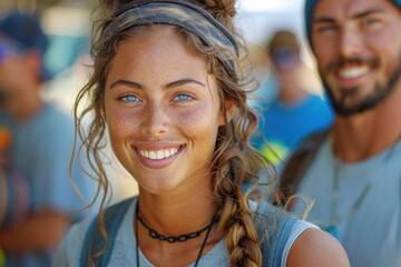 Smiling young woman with braided hair and bright blue eyes among a group of friends at a sunny outdoor event