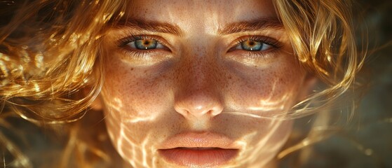 Wall Mural - Close-up of a Woman's Face with Freckles and Golden Sunlight