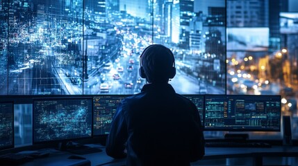 AI-driven public safety monitoring systems in smart cities: An urban control room where AI analyzes surveillance feeds to detect potential threats and safety risks.