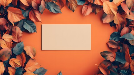 Sticker - Autumn Leaves Border with Blank Card on Orange Background