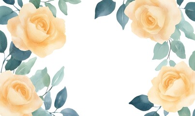 Wall Mural - Rich watercolor yellow roses and green leaves on the outside, frame with text space in the center