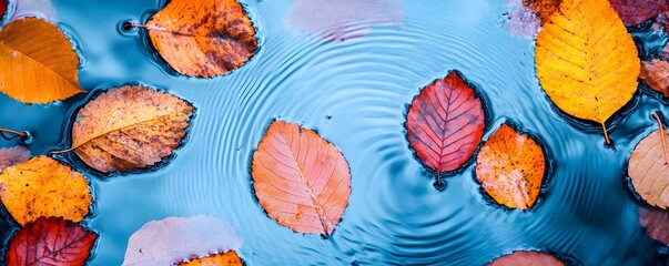 Sticker - Autumn Leaves Floating on Blue Water with Ripples